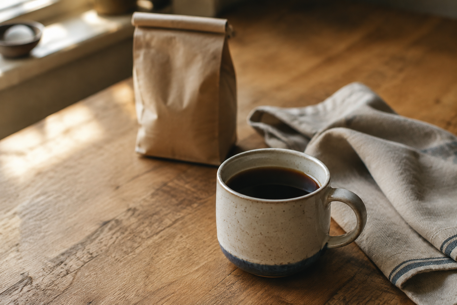 A favorite ceramic mug and a bag of coffee on the kitchen table