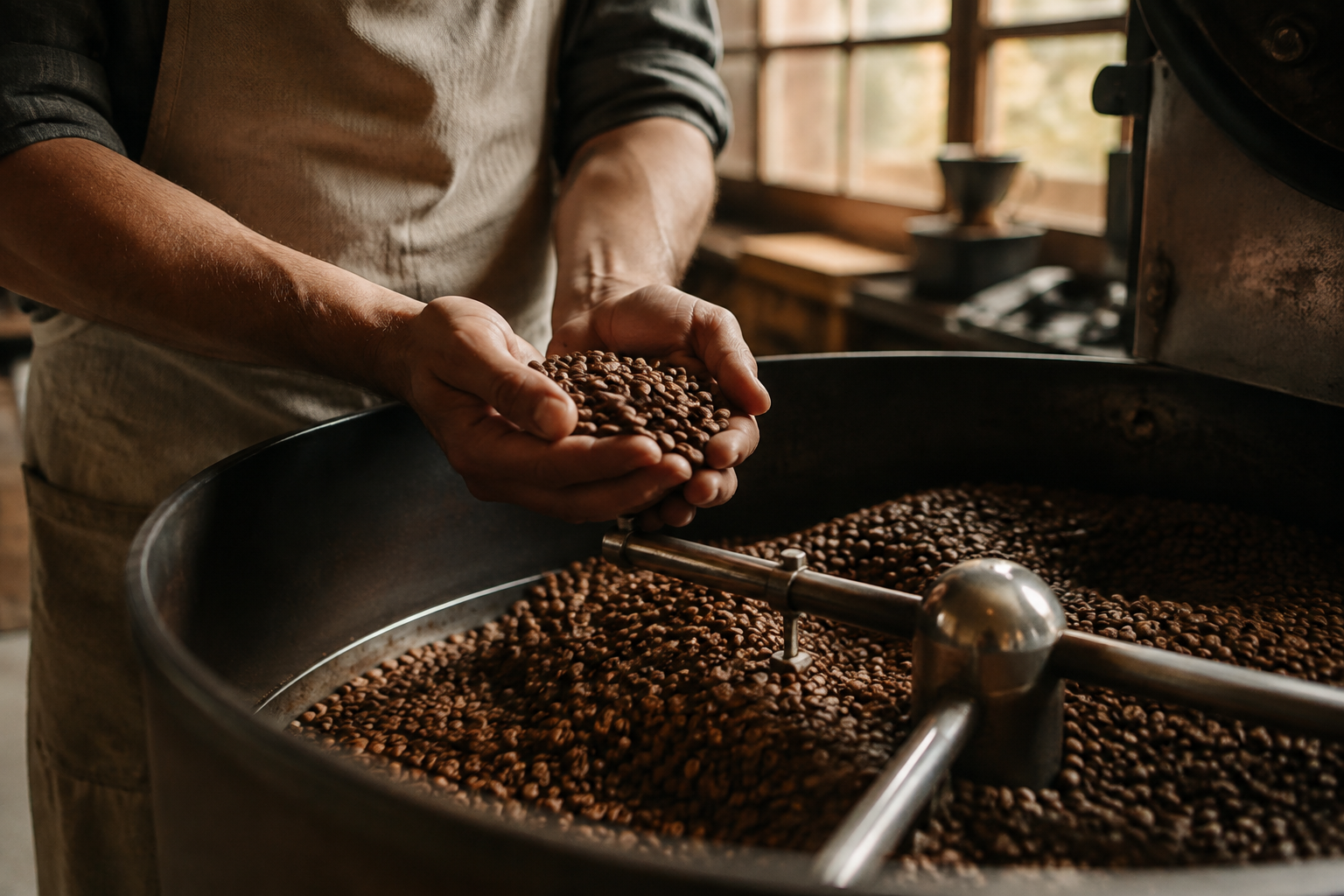 A roaster holding a handful of freshly roasted beans